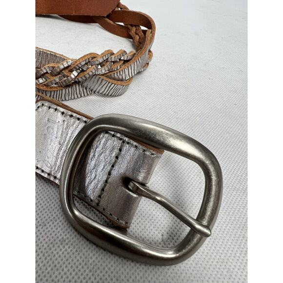FOSSIL Silver Braided Genuine Leather Womens Metallic Woven Adjustable Belt S - Picture 2 of 6